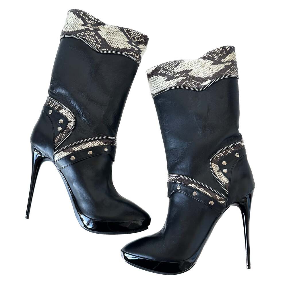 Tabitha Simmons Heidi Black Leather Snakeskin Stiletto Heeled Boots Size 39.5